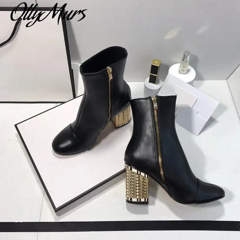 

Ollymurs Ankle Boots for Women Heels Mental Colors Chic Classic Designer Shoes Luxury Platform Shoes Runway Boots for Women