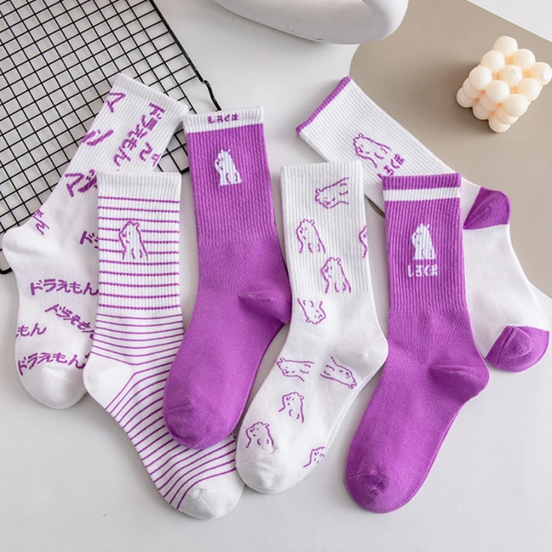

Women Harajuku Purple White Crew Socks College Style Japanese Letters Cartoon Bear Print Hip Hop Skateboard Hosiery