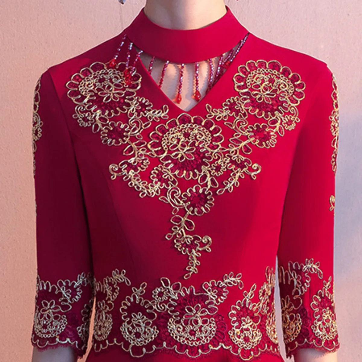 

BacklakeGirls Newest Evening Party Long Dress Women Red High Neck 3/4 Sleeves Embroidery Sexy Lace Maxi Dress Bridal Vestidos