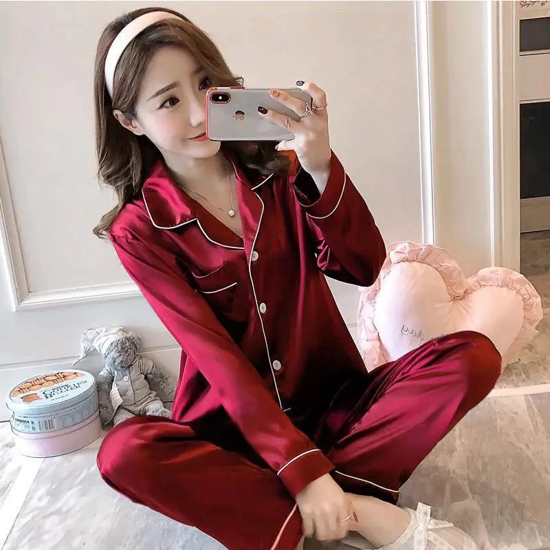 

2021 spring and autumn pajamas women's ice silk long sleeve suit student sexy large size thin silk home clothes