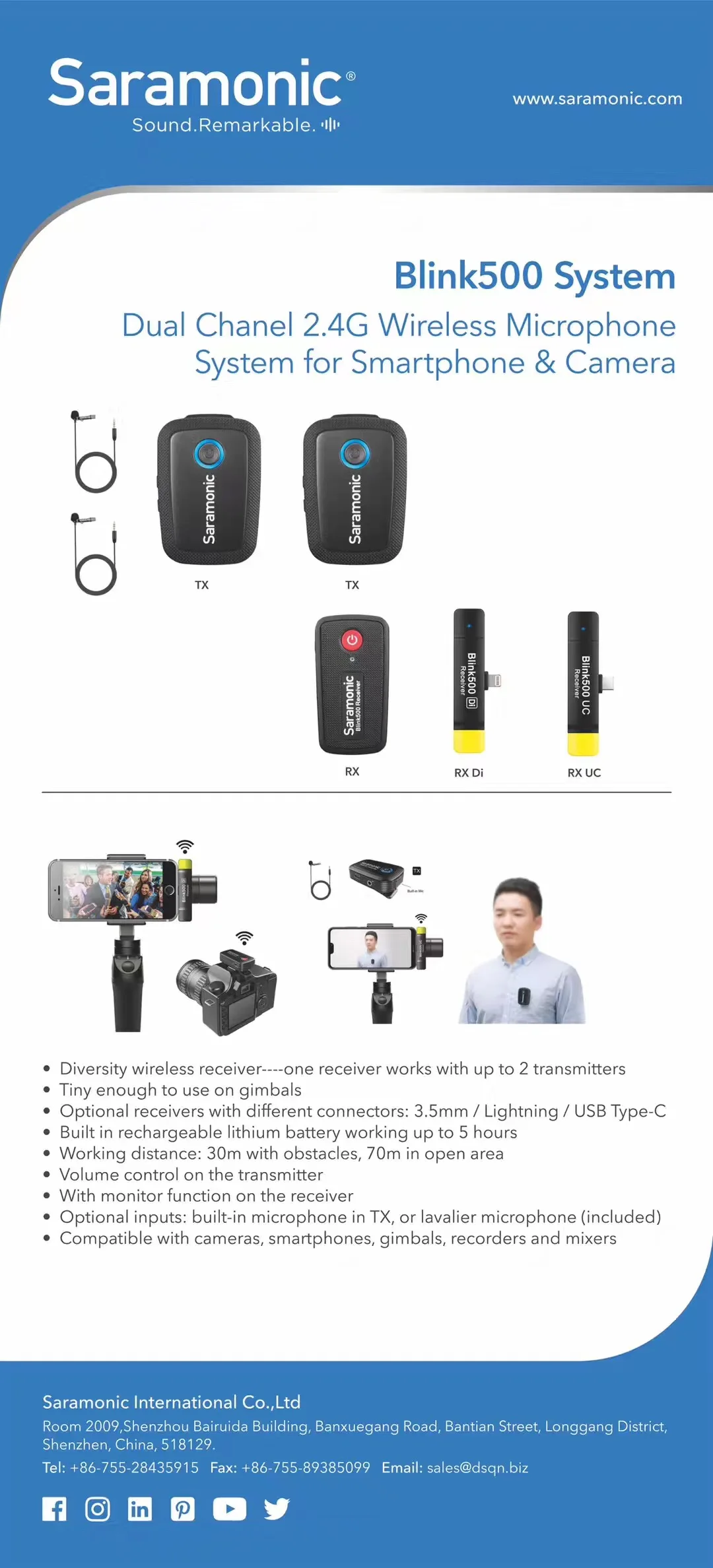 Saramonic компактный беспроводной микрофон Blink серии 500 B1 B2 B5 B6 двухканальный микрофон система w петличный для DSLR телефонов Vlog