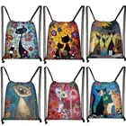 Женская Холщовая Сумка на шнурке, с рисунком в виде милых мультяшных кошек