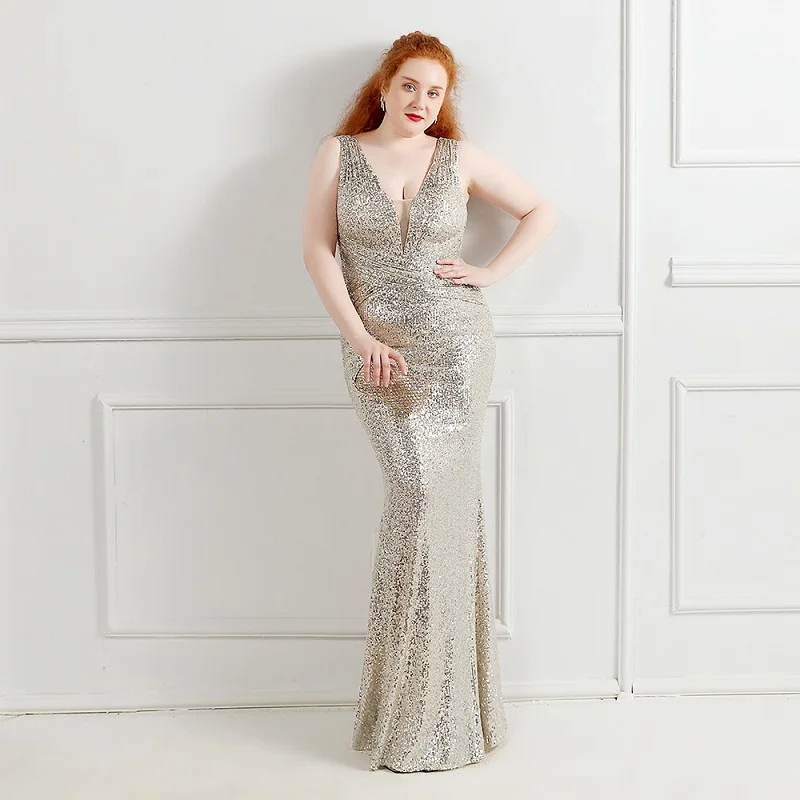 

Sparkle Sequin evening dress Plus size V neck sleeveless mermaid wedding party dress silver formal prom evening party dress
