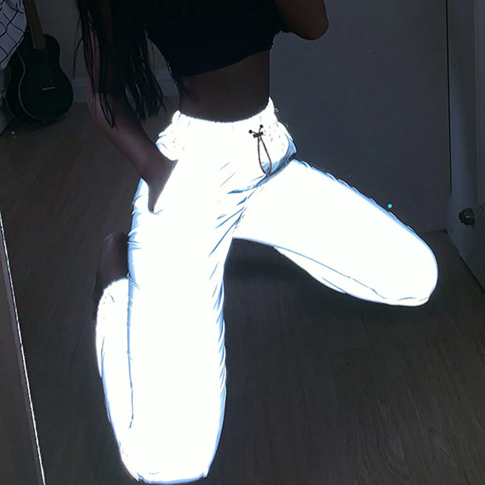 

High Waist Women Reflective Baggy Long Pants Elastic Waist Ankle Tie Trouser Solid Color Sweatpants Jogger Reflective Pants