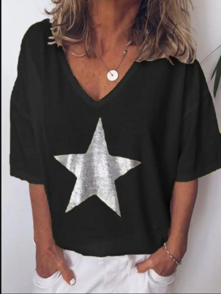 

2021 spring and summer women's tops V-neck loose casual short-sleeved T-shirt