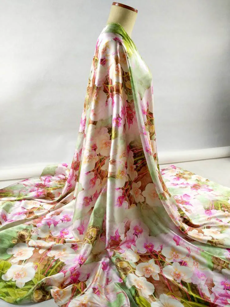 

Telas Pink flowers print silk dress fabric quality 97% silk 3% stretch tissus au metre tecido woven silk cloth satin fabric