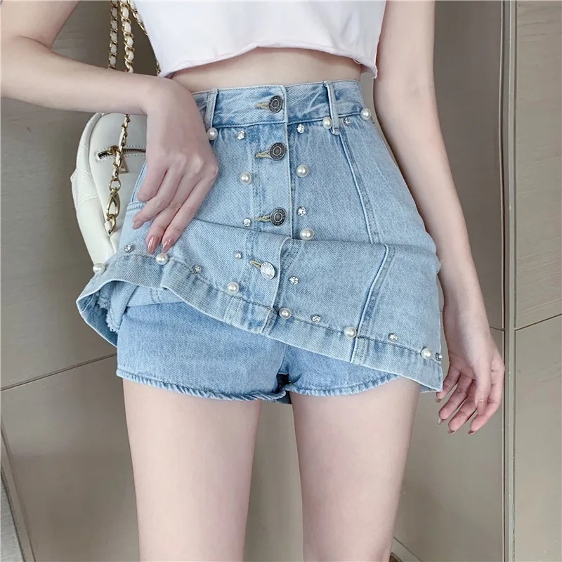 

High Waisted Denim Skirt Shorts for Women High Waisted Beading Button Short Jeans Streetwear Vintage Summer Biker Shorts