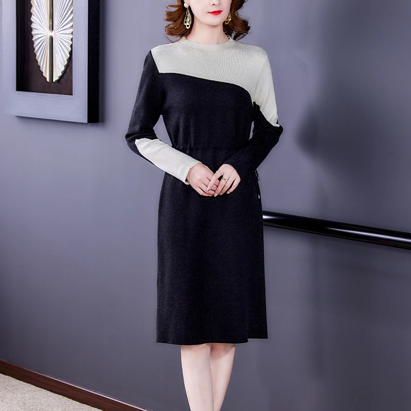 

SuperAen 2021 New Autumn Winter Casual Patchwork Stand Collar Straight Knee-Length Sweater Dress for Women