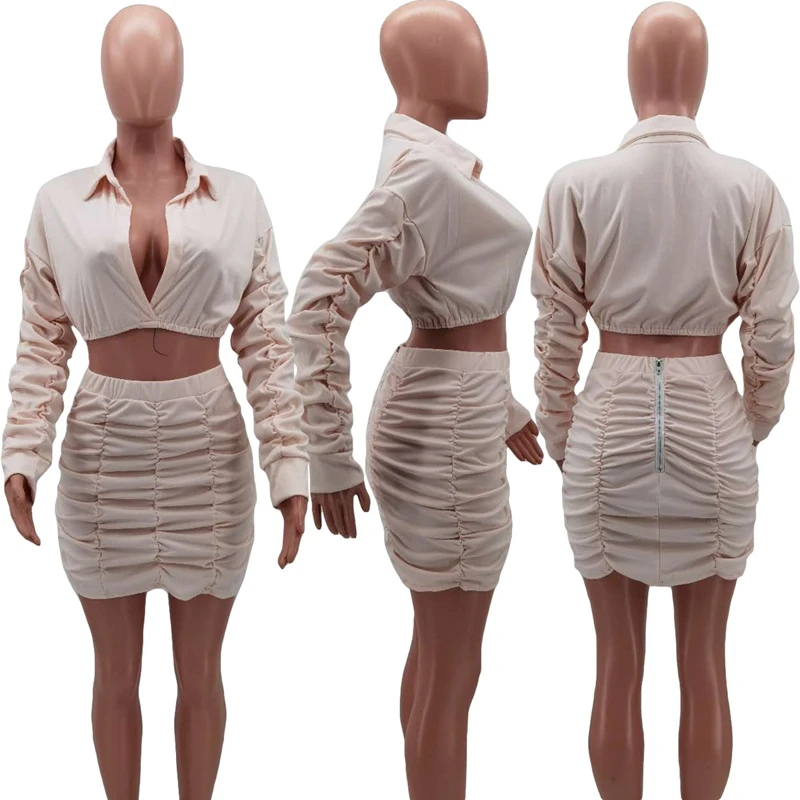 

Women Ruched Sleeve Mini Blouses Tops Ruched Stacked Bodycon Skirts Set Tracksuit Fitness Matching Set