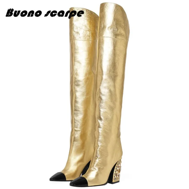 Gold Buonoscarpe/Новинка; модные кожаные ботинки золотистого цвета; Bota Feminina; Новое поступление; Botas Mujer; туфли на высоком каблуке со специальной формой - Цвет: Gold