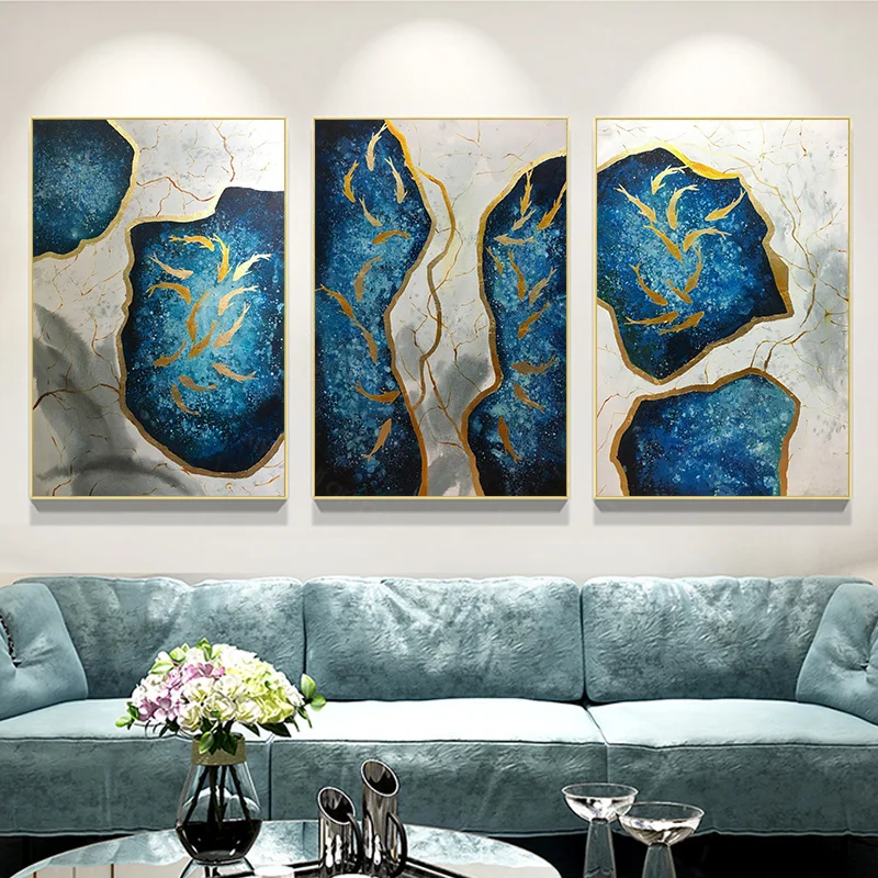 

Handmade Abstract Canvas Painting Wall Art Decoration Gold Fish For Living Room Home Salon Picture Three Pieces Decor