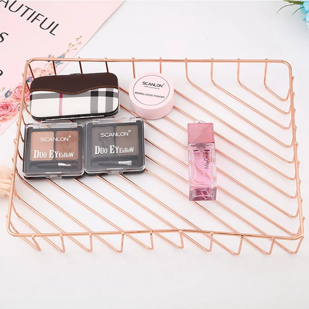 Nordic Style Metal Table Storage Basket Cosmetic Organizer Iron Rose Gold Rack Holder Home Kitchen Organizers |