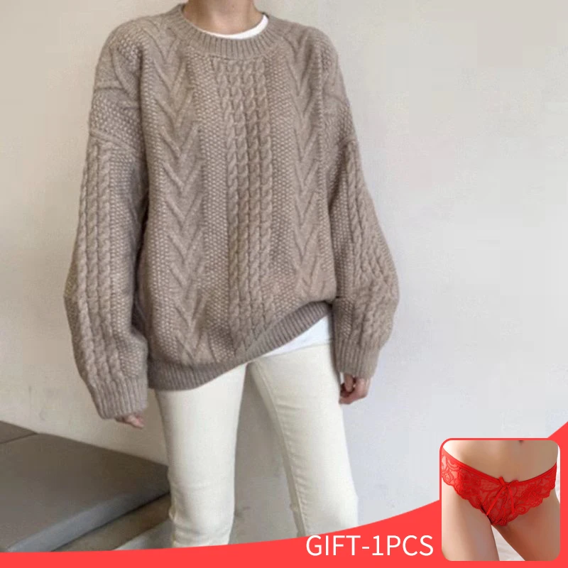 

Свитер Женский вязаный утепленный, повседневный Свободный пуловер оверсайз с длинным рукавом, Однотонный свитер с узором, Осень-зима