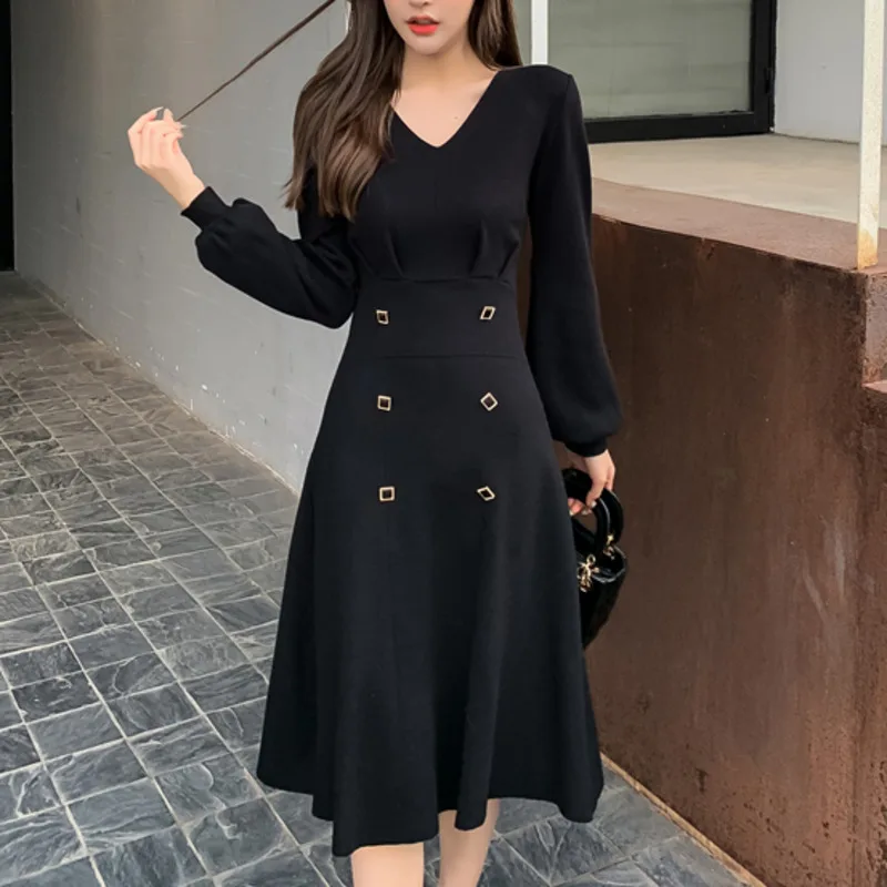 

Women Knitted Dresses For Women Autumn Winter Long Sleeve V Neck Double Breasted Sweater Vestidos French Elegant Robe Femme 2021