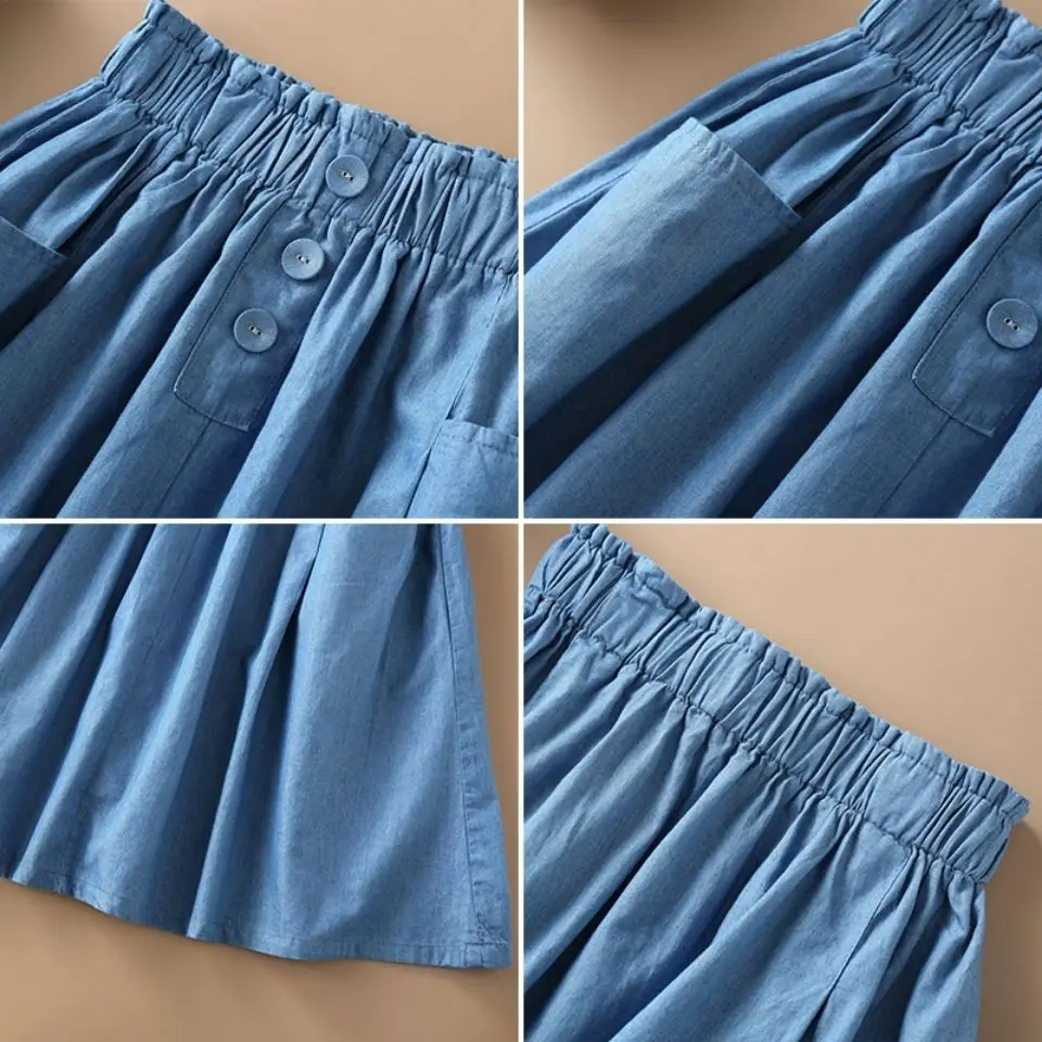 Kids Girls Denim Skirts Mid-Length Summer Princess Blue Khaki Jean 2021 Teenage Casual With Pocket | Детская одежда и обувь