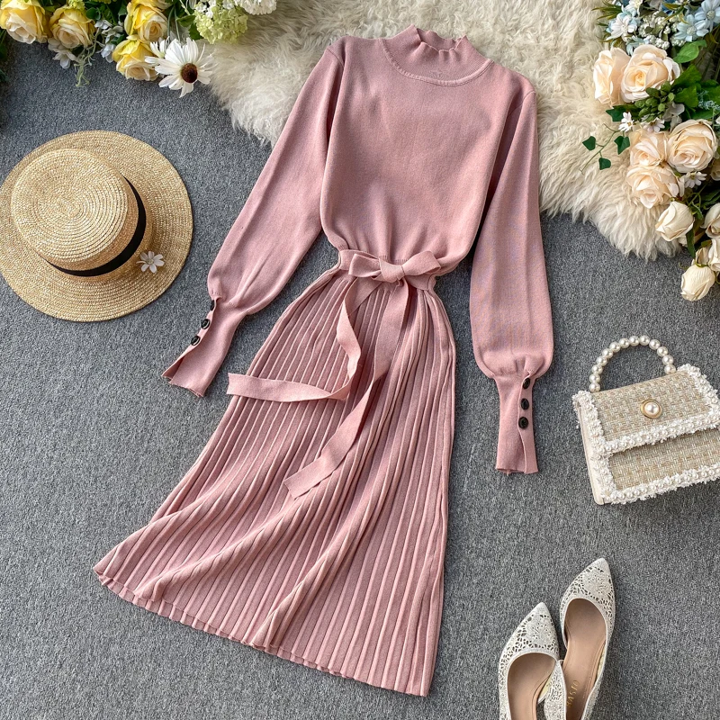 Женское плиссированное платье-свитер с поясом элегантное винтажное длинное