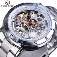 forsining transparent skeleton dial automatic watch roman numerals silver stainless steel men waterproof sport mechanical watch