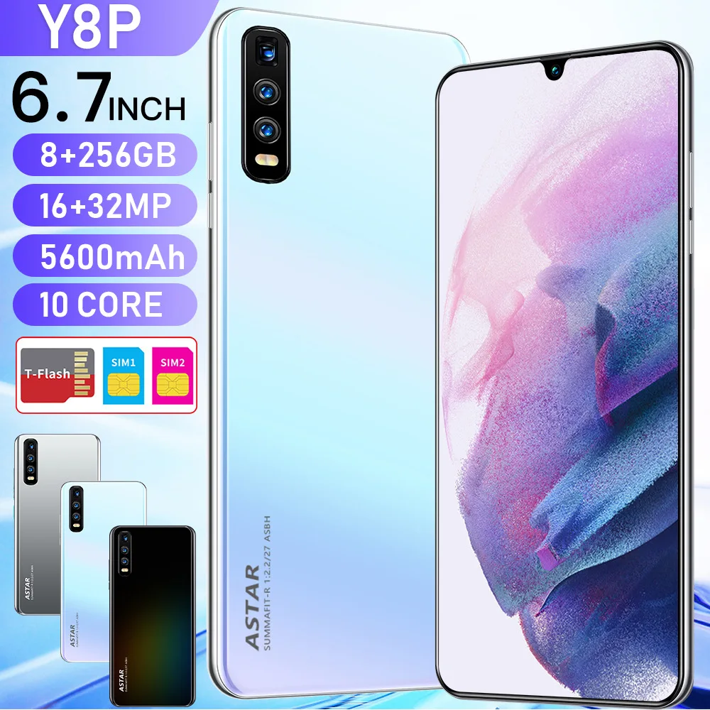 

Galxy Y8P 6.7inch Full Screen 8+256GB Smartphones 16+32MP HD Camera 5600mAh 10Core Android10 Face Fingerprint ID Double Sim Card