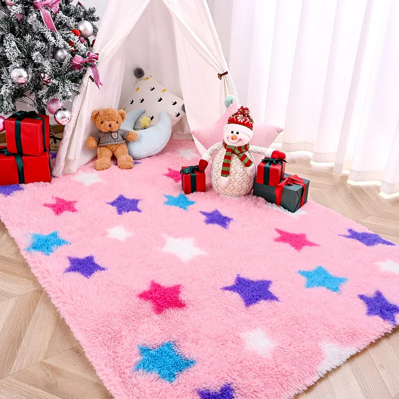 

Fluffy Star Rug for Girls Kids Rugs for Bedroom Starry Shaggy Area Rugs Fuzzy Shag Carpets for Princess Castle Nursery Home Deco