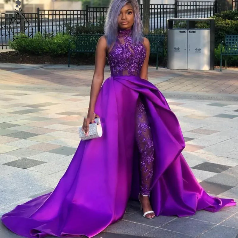 

Purple Sequined Overskirt Jumpsuit Prom Dresses High Neck Appliqued Side Split Evening Gowns Lace Beads Sweep Train Formal Dress