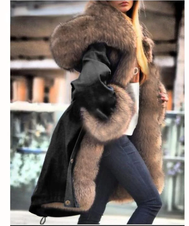 

2021 Hot Fox Fur Lining Parker Long Winter Jacket Women's Top Winter Parka Luxury Large Fur Collar Hooded Jacket