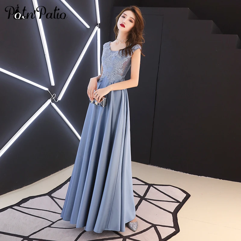 

Light Blue Satin Evening Dresses Long 2020 Elegant V-neck A-line Floor-length Appliques Women Formal Gowns For Wedding Guest