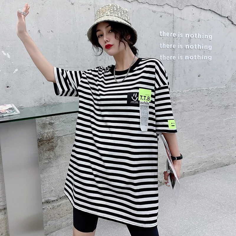 

Harajuku Women T-shirt 2021 Mid-length Stripe Female Tops Summer Short-Sleeved T-shirts Plus Size woman tshirts