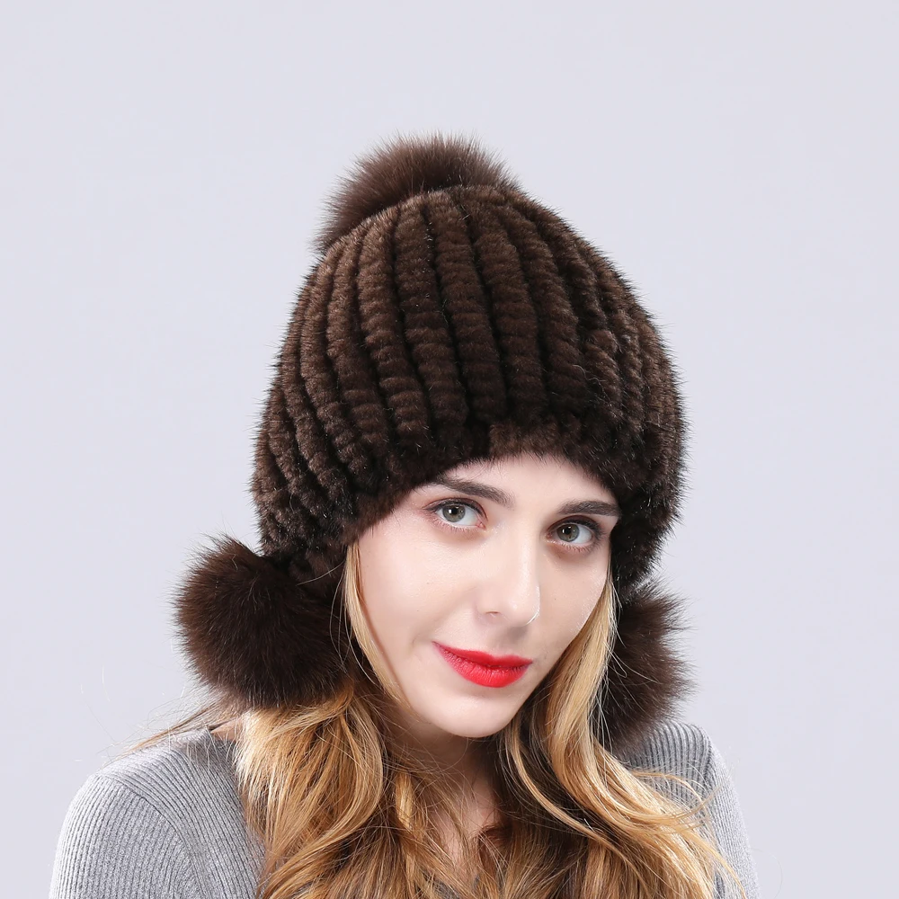 Зимняя женская шапка из натурального меха норки лисы помпонами теплая с ушами