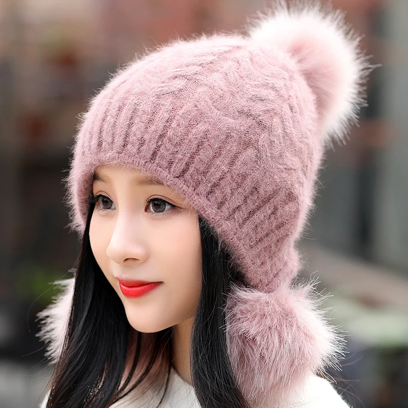 H7731 Женская Шапка-бини из кроличьего меха женская зимняя теплая шапка с защитой