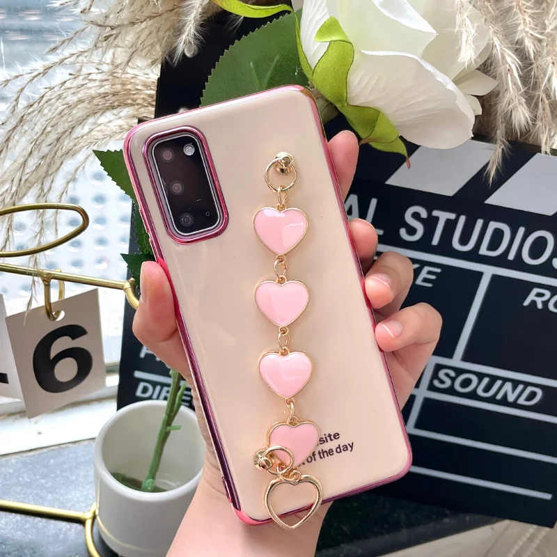

S22 Case Luxury Plated Electroplated Gold Heart Strap Phone Holder Cover for Samsung Galaxy S20 Ultra S21 Note 20 A52 A51 A71