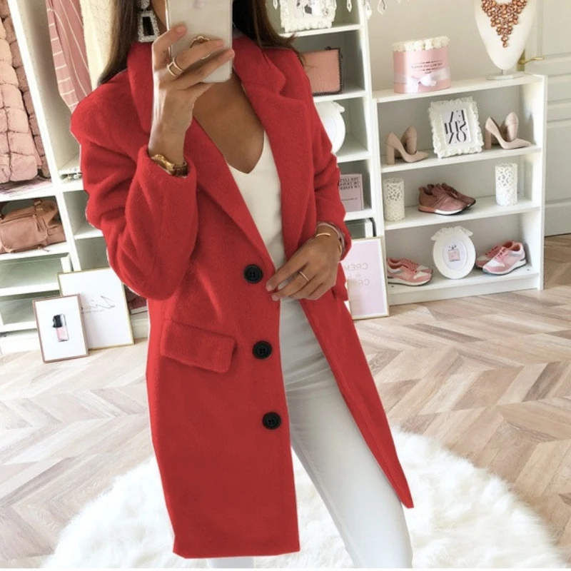 

2021 Winter Clothes Women Double-Breasted Casual Long Sleeve Notched Wool Coat Women Loose Mid Length Slim Blue Jacket Oversized