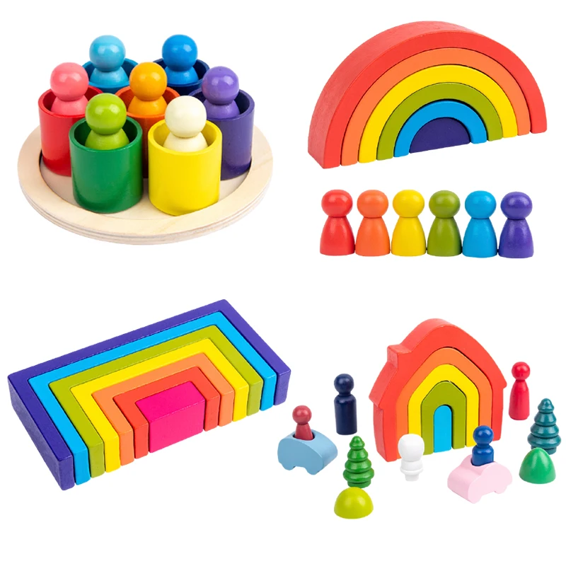 

Montessori Wooden toys DIY assembled house rainbow building blocks set children early learning stacked balance educational toys