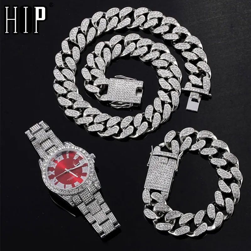 

Hip Hop 20MM 3PCS KIT Silver Color Watch+Necklace+Bracelet Bling Crystal AAA+ Iced Out Cuban Rhinestones Chains For Men Jewelry