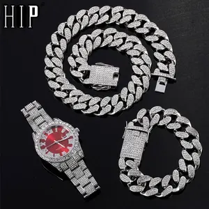 Hip Hop 20MM 3PCS KIT Silver Color Watch+Necklace+Bracelet Bling Crystal AAA+ Iced Out Cuban Rhinest in Pakistan