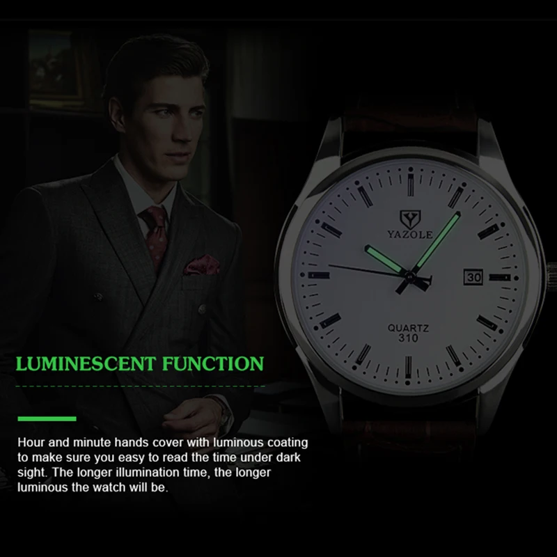 Часы наручные YAZOLE мужские роскошные модные водонепроницаемые светящиеся с