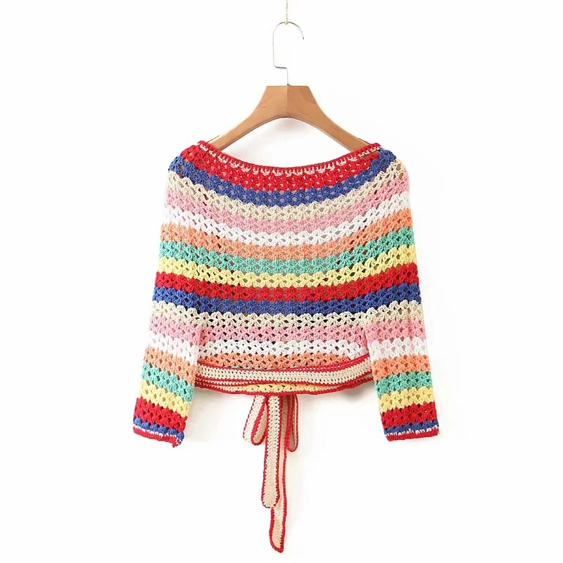 

Fashion Multicolor Striped Crochet Cropped Top 2021 New Knitted Wrap Top Beach Holiday Chic Female Short Blouse