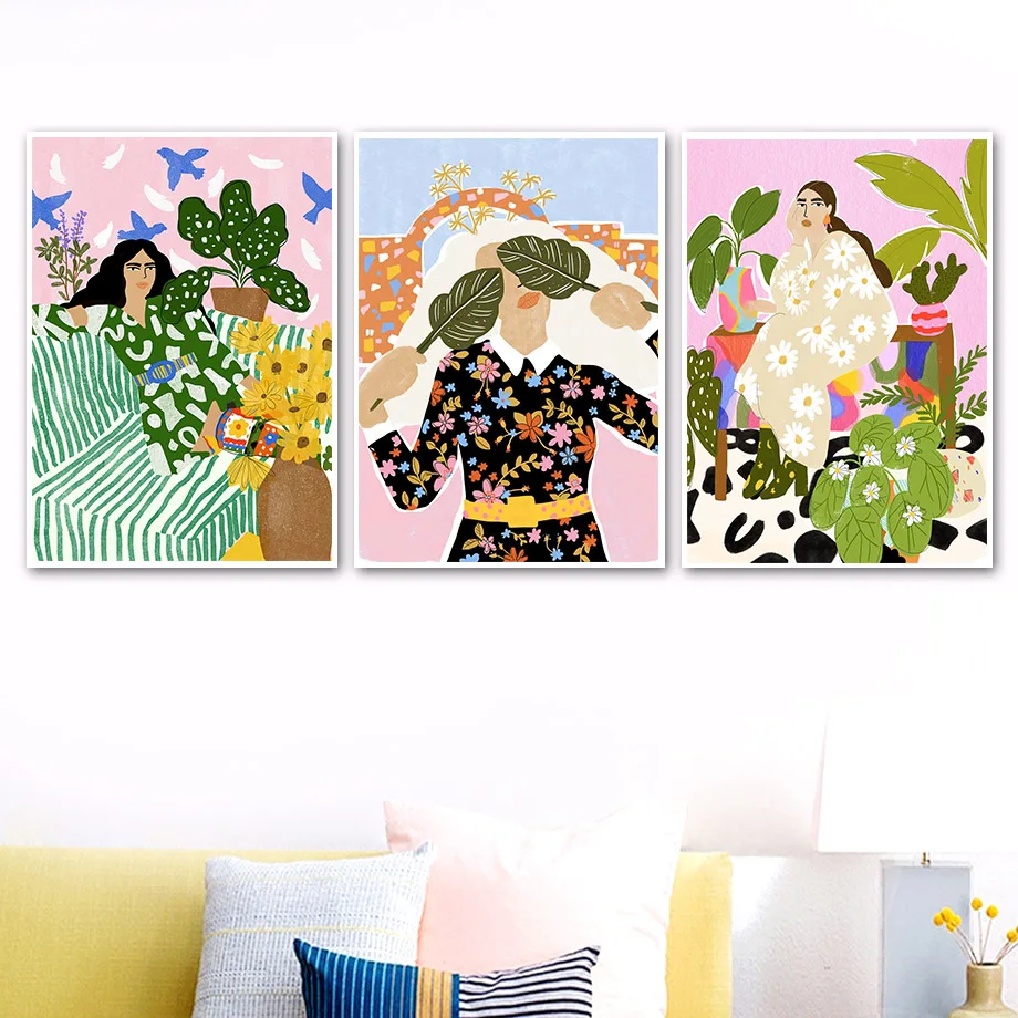 

Fashion Girl Monstera Leaf Flower Bird Wall Art Canvas Painting Nordic Posters And Prints Wall Pictures For Living Room Decor
