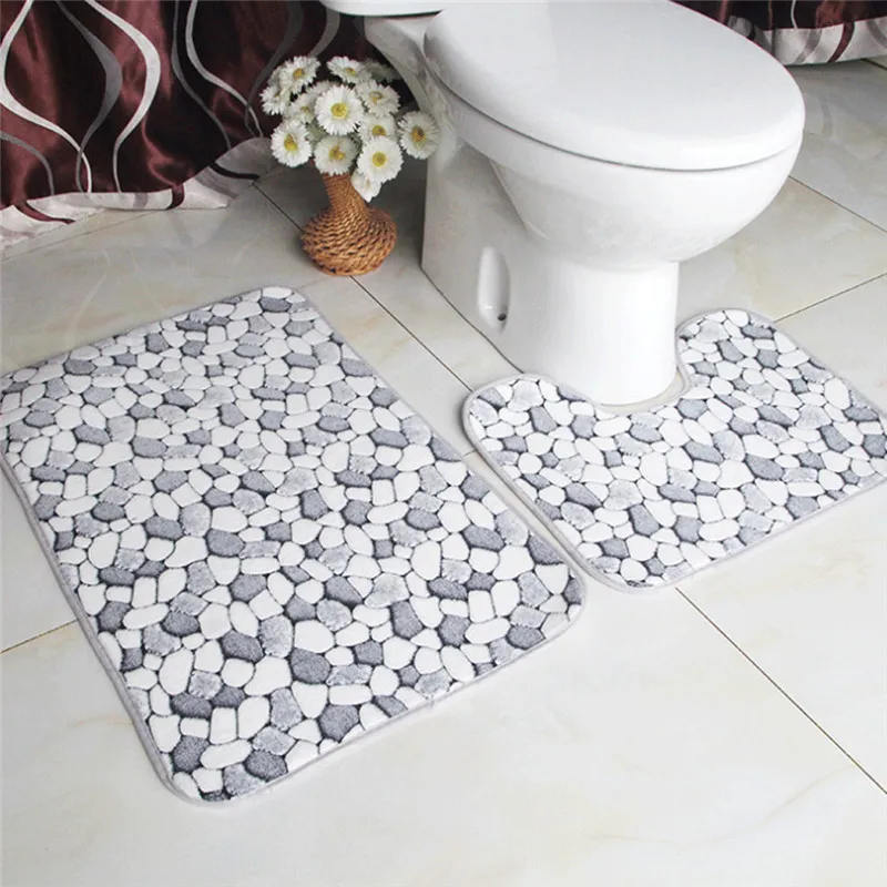 

2Pcs/Set Cobblestone Bathroom Mat Set Flannel Anti-Slip Kitchen Bath Mat Carpet Bathroom Toliet Rug Washable Tapete