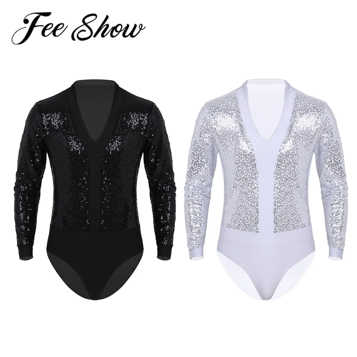 Мужские Блестящие Блестки Боди мужские с длинными рукавами высоким вырезом