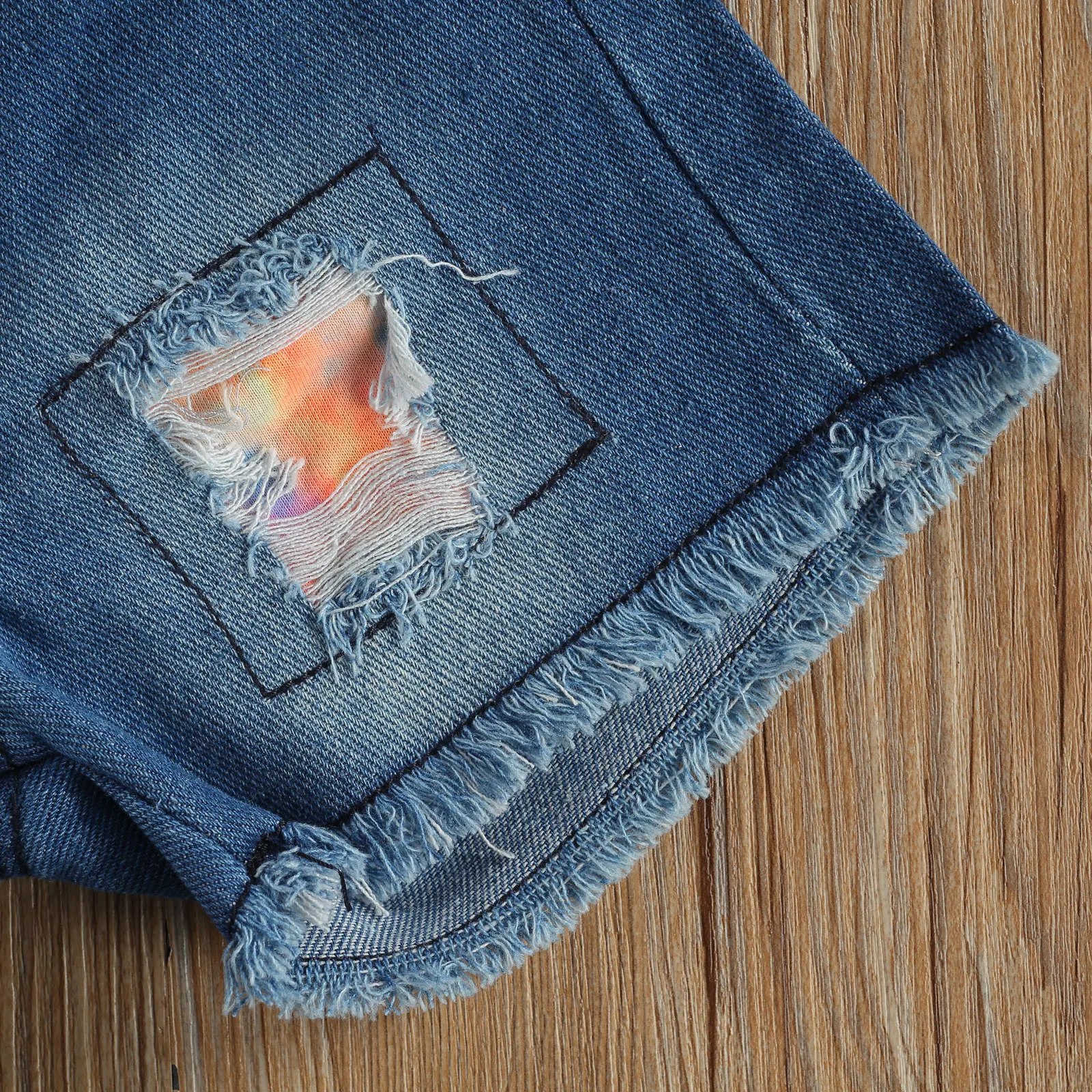 

Bbby Girls Clothes Sets Summer Girls Ruffles Sleeve and Shorts Set Fashion Tie-dye Boat Neck T-shirt Ripped Denim Short Pants