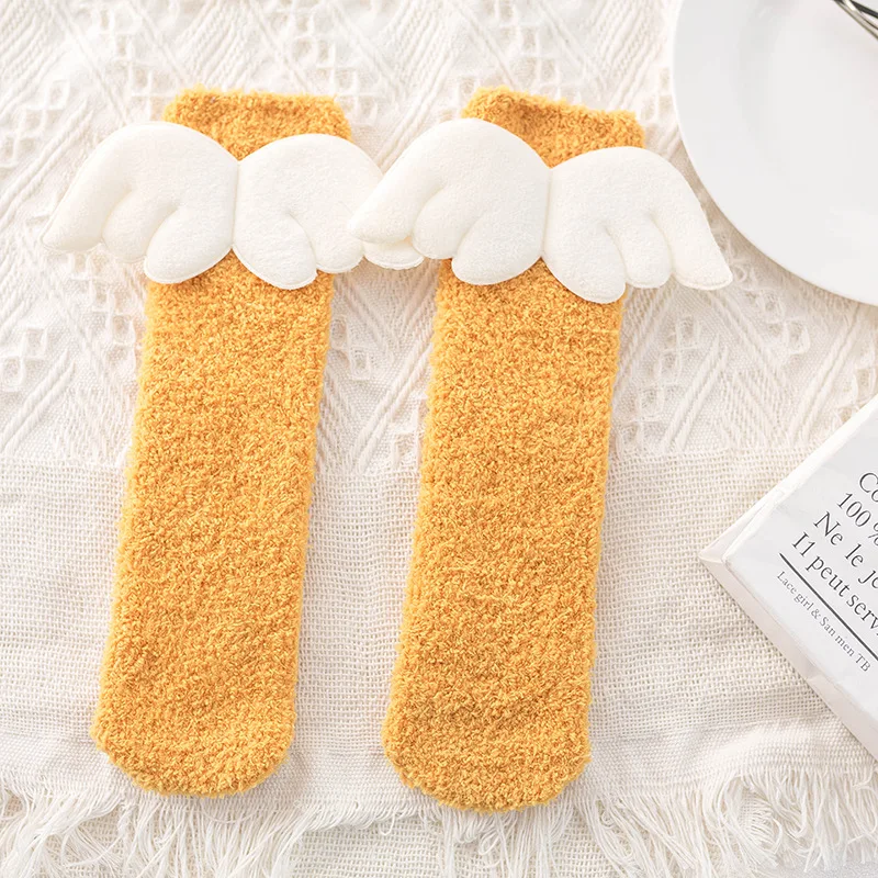 

Toddler Baby Girl Stockings Autumn Winter Cute Angel Wings Coral Fleece Hosiery Floor Stocking