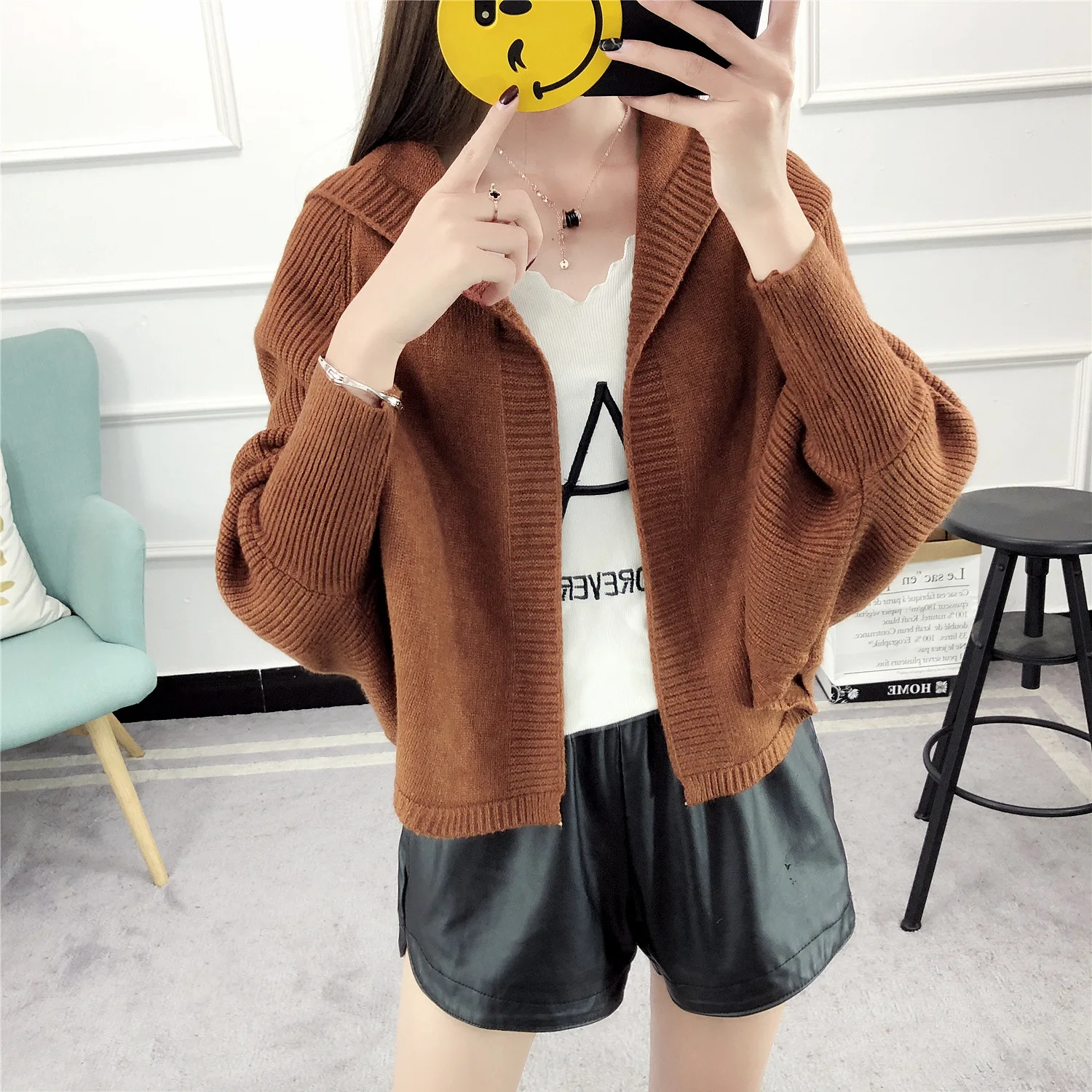 Кардиган свитер для женщин рукав летучая мышь с капюшоном сплошной цвет вязаный