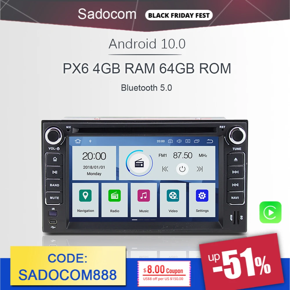 Автомобильный DVD-плеер PX6 2 din Android 10 0 6 ядер 64 Гб ПЗУ 4 ОЗУ Авторадио GPS автомобильное
