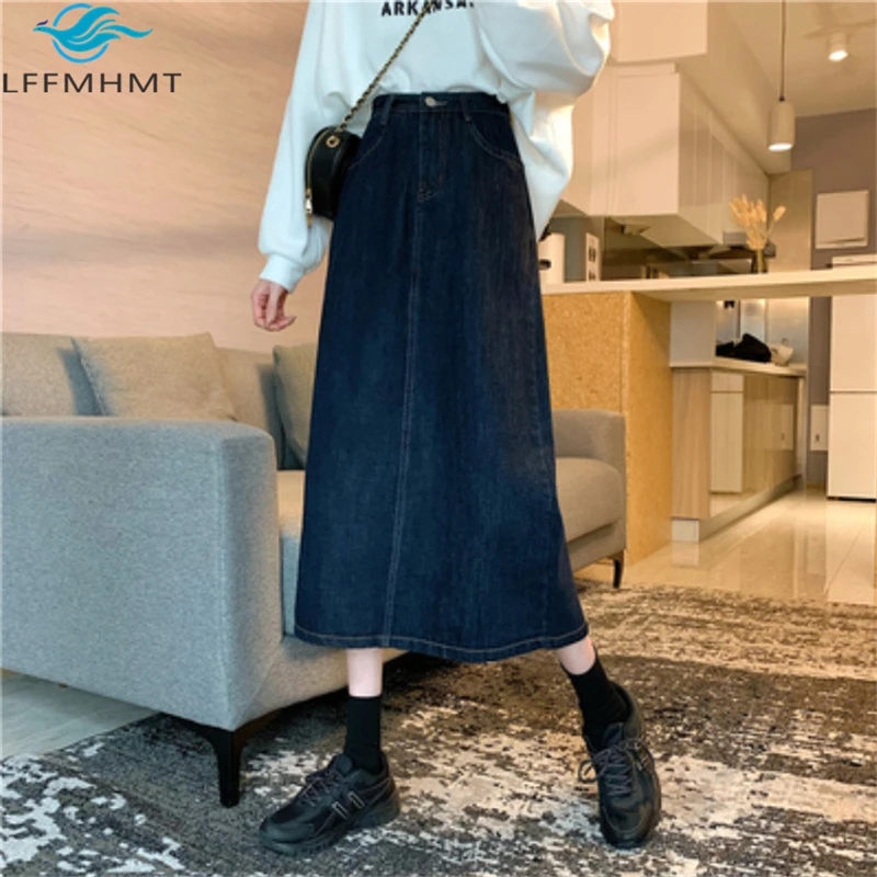 

Winter Fall New Fashion High Waist Korean Style Blue Denim Clothing Office Lady Solid Color Elegant A-Line Retro Mid-Long Skirts