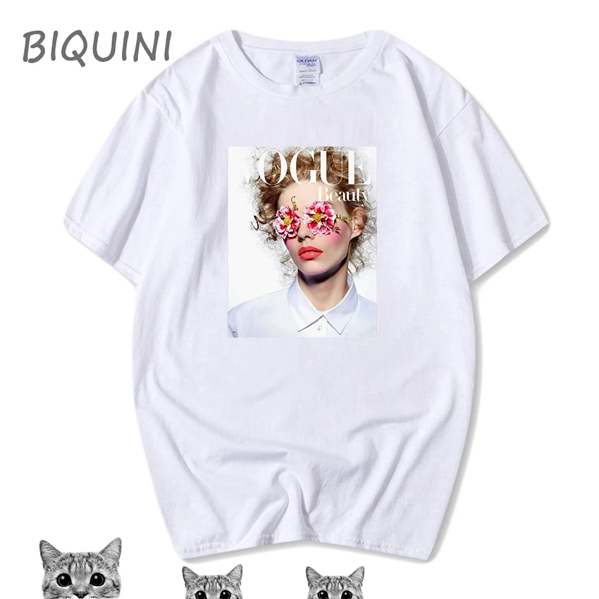 

BIQUINI Fashion Flower Girlr Moon T-Shirt Cotton O-Neck Pink T-Shirt VOGUE Flowers T-shirt Plus Size Kawaii HarajukuT-shirt