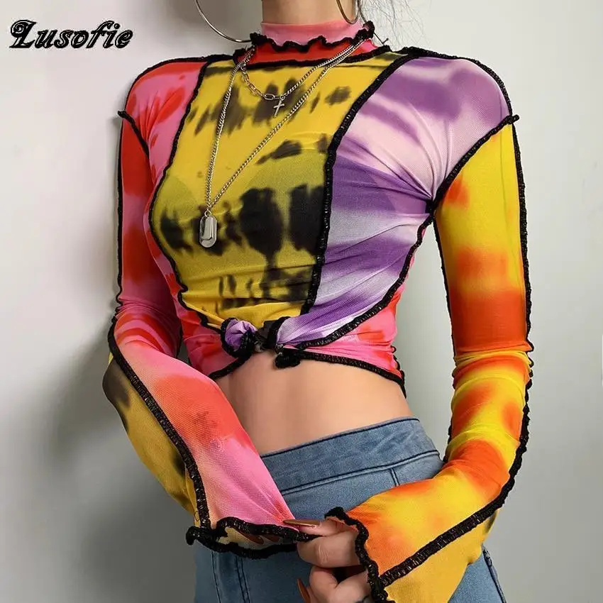 Женские разноцветные сетчатые Топы Lusofie вечерние лоскутные Футболки с длинным