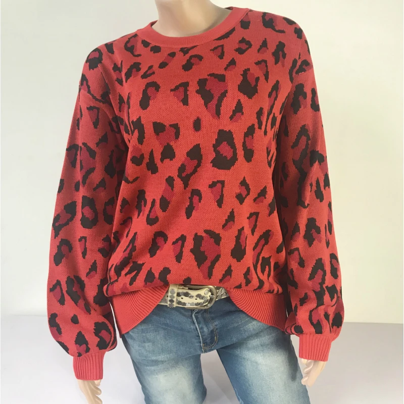 

Womens Fashion Leopard Knitted Sweater Autumn Winter New Casual Coats Woman Long-sleeve O-neck Loose Tops Europe Female Classics