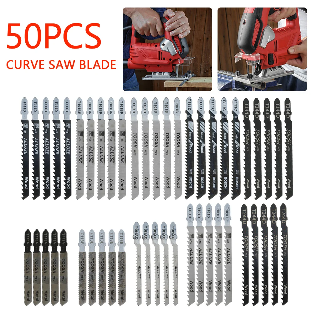 

50pcs HCS T-Shank Curved Jigsaw Blades Fast Straight Cutting Metal Jig Saw Blades for Woodworking Metal Wood Plastic Cutting