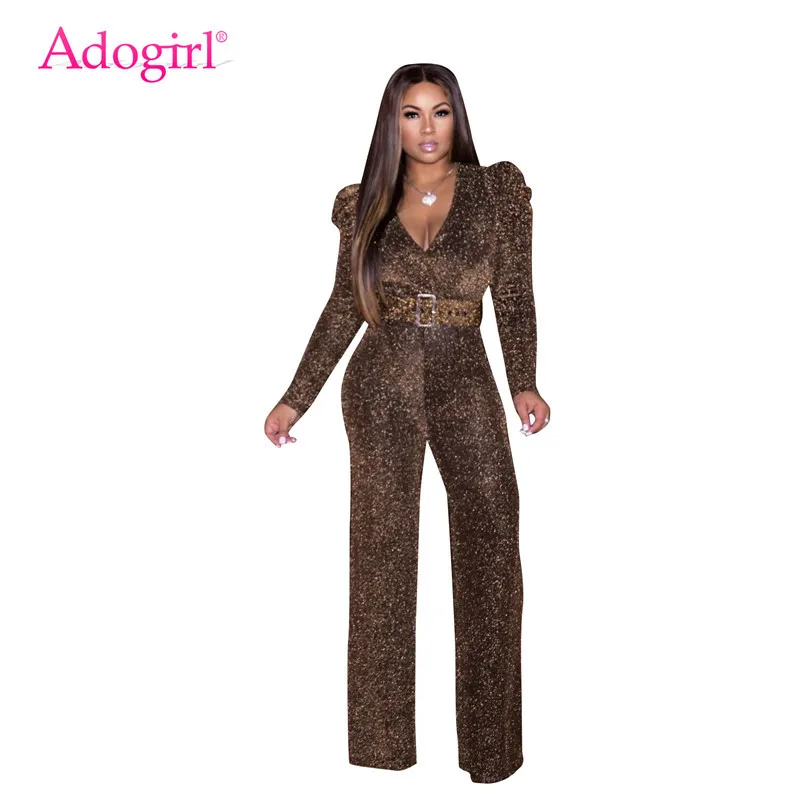 

Женский стрейчевый комбинезон Adogirl, повседневный комбинезон из нейлона золотистого шелка с v-образным вырезом и длинными рукавами, вечерние...