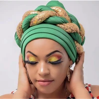 2021 latest african auto geles headtie already made headties shinning sequins turban cap for women ready female head wraps